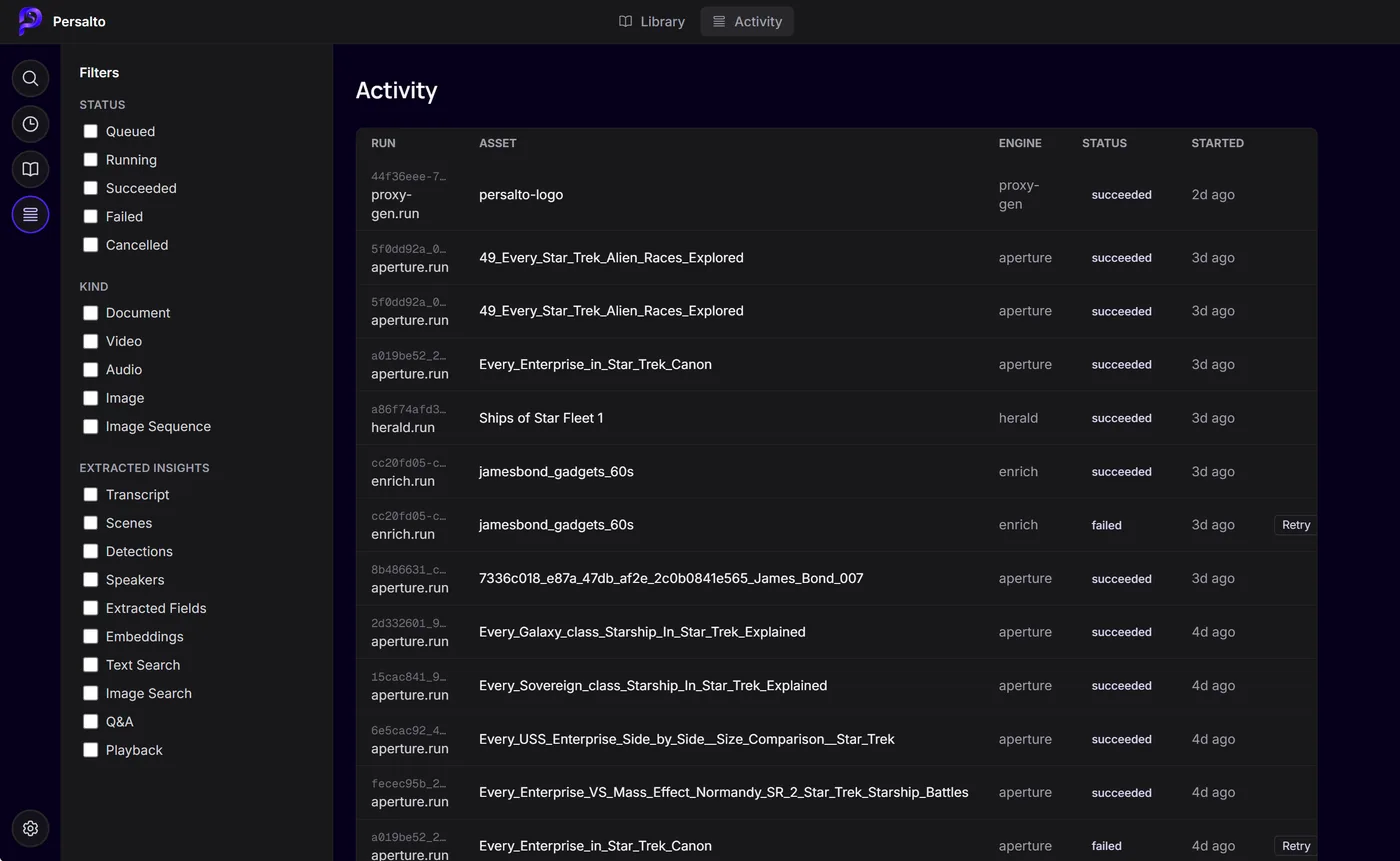Persalto activity view - a live log of processing runs across engines, with status, duration, and lineage.