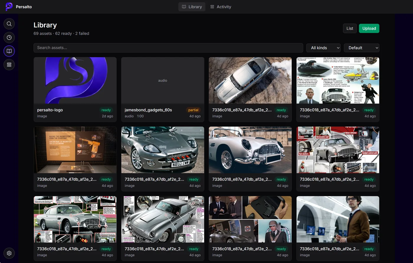 Persalto library view - a grid of video, image, and document assets with engine-coverage badges.
