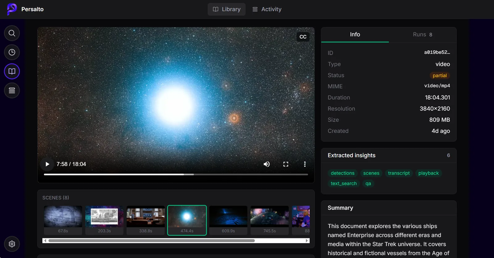 Persalto video inspector - the clip plays at the top, auto-detected scenes run along the side.