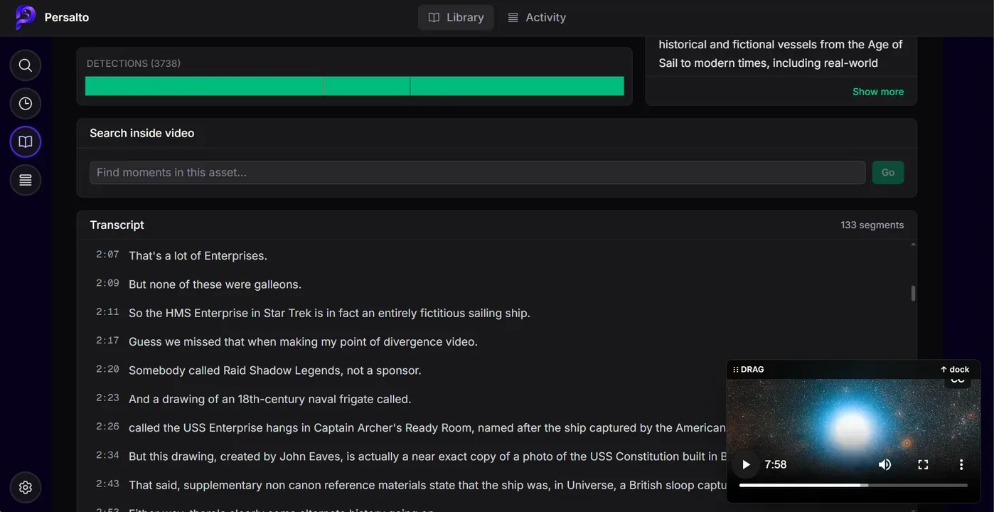 Scene-by-scene keyframes, detected entities, and a time-aligned transcript.