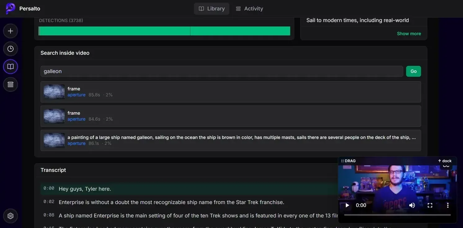 Searching inside a single video - transcript and visual matches returned with timestamps.
